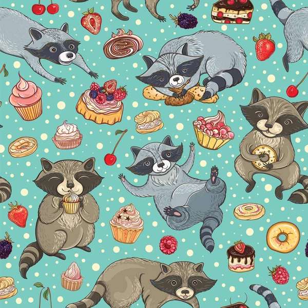 Vector seamless pattern with raccoons and cakes — Stock Vector
