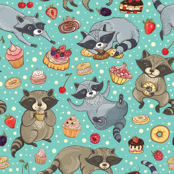 Vektör raccoons ve kek ile seamless modeli