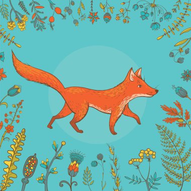 Vektör şirin fox çiçeklerle çevrili