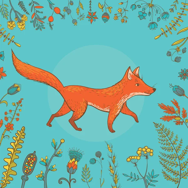 Vector cute fox surrounded by flowers — Stock Vector