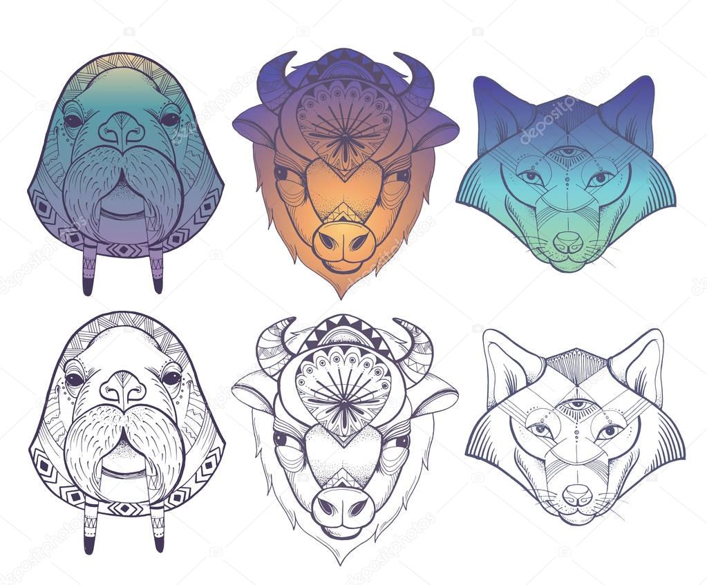 Vector set of illustrations of wolf, buffalo and walrus. Ethnic style, illustration for poster, tattoo.