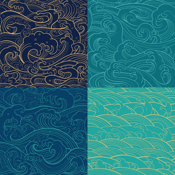 Marine set: color outline seamless patterns — Stock Vector