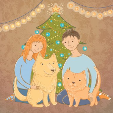 Bir aile Noel ağacı yakınındaki vektör çizim