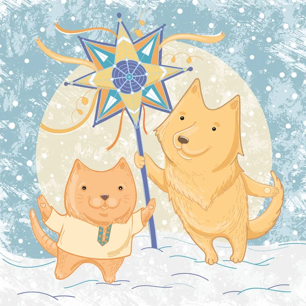 Ilustração vetorial de canções de Natal com cão e gato — Vetor de Stock