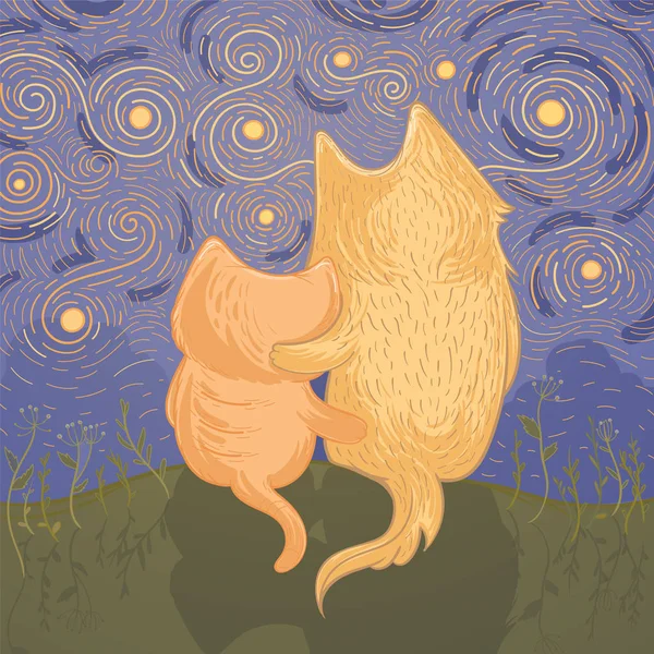 Lindo perro y gato admirar el cielo estrellado noche — Vector de stock