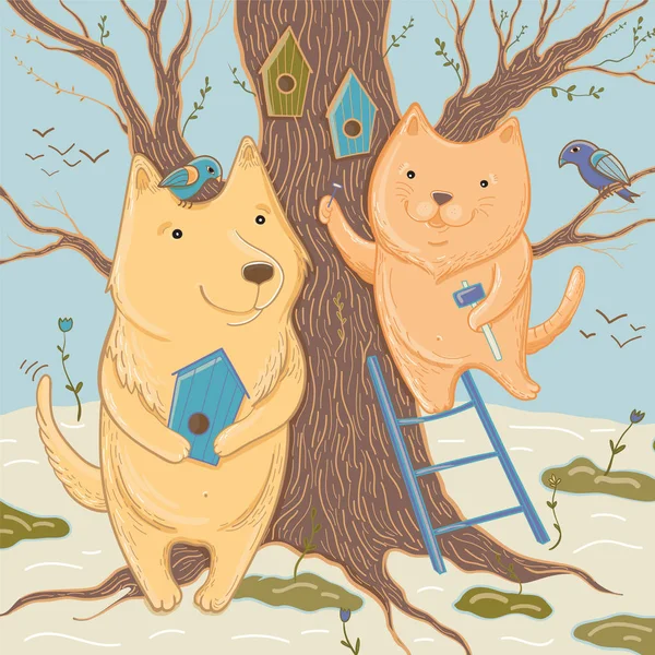 Att birdhouses ute hund och katt. Vektorillustration — Stock vektor