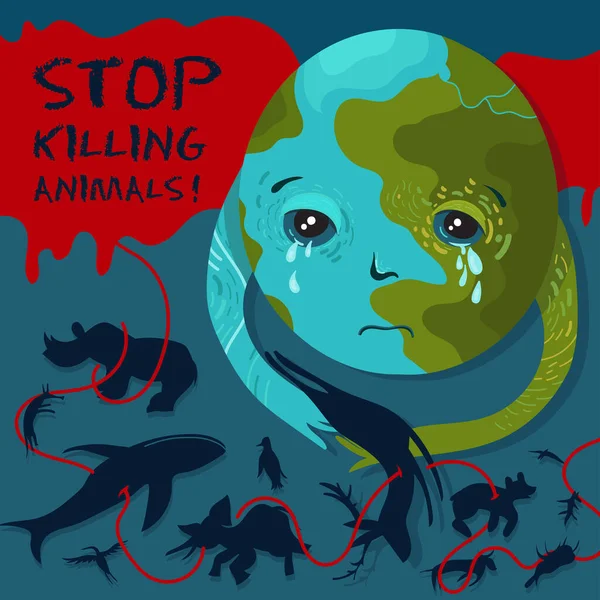 野生生物保護ポスター 死んだ動物の体を叫ぶ地球のキャラクターのベクトルイラスト 動物を殺すのは止めて — ストックベクタ