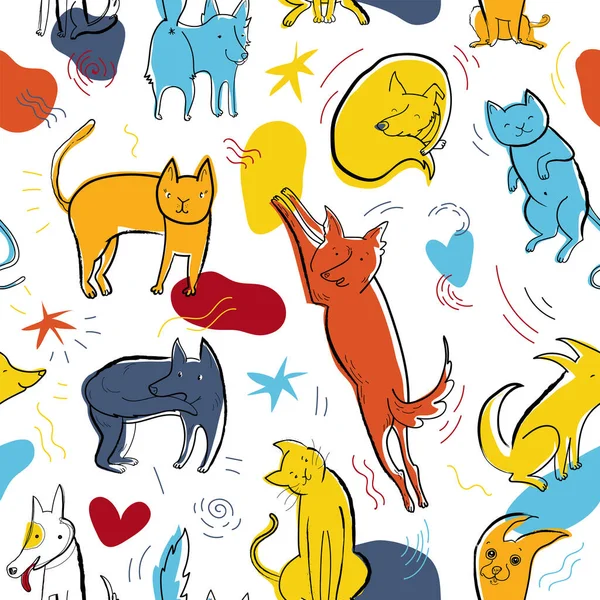 有着不同姿势和情绪的可爱彩色猫狗的无缝线矢量图案 — 图库矢量图片