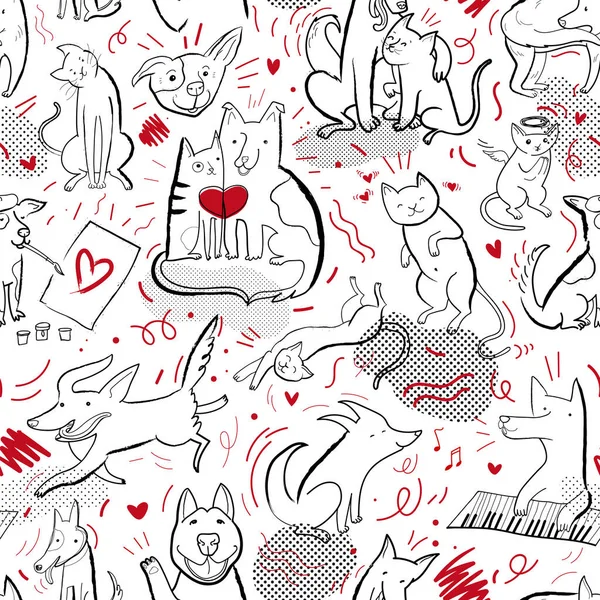 Modèle vectoriel sans couture avec des chats de contour et des chiens dans différentes poses et émotions — Image vectorielle