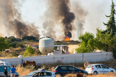 Caceres yakınlarındaki Ex-100 yolundaki yangından çıkan alevler