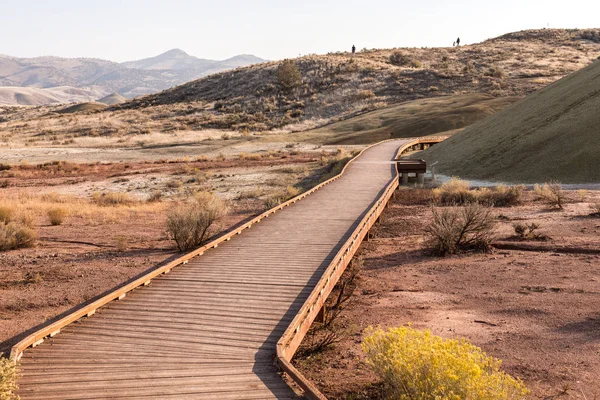 Tourists make the Painted Cove Trail in Painted Hills at sunset