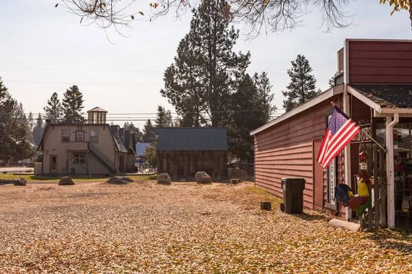 Una bandiera degli Stati Uniti vista in un cortile pieno di foglie autunnali a Sisters — Foto Stock