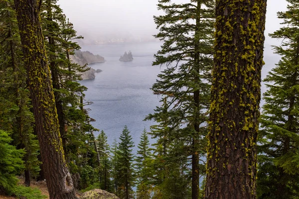 Vue de l'île Phantom Ship dans la brume et les arbres par une journée orageuse près du lac Crater — Photo