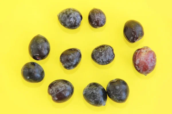 Natural fresh black olives on a yellow background — Stock Photo, Image