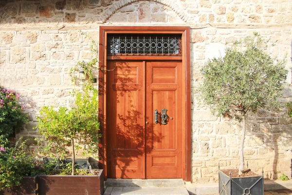 Wooden swinging doors in the building with decorative patterns and accessories for opening — Stock Photo, Image