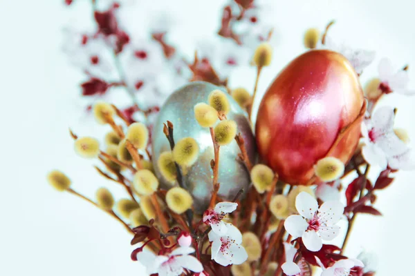 Святковий Букет Верби Гілок Рожевих Сакури Вишневих Квітів Великодніх Яєць — стокове фото