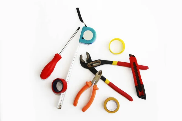 Old Tools Screwdriver Nippers Tape Measure Electrical Tape Repair Installation — Stock Photo, Image