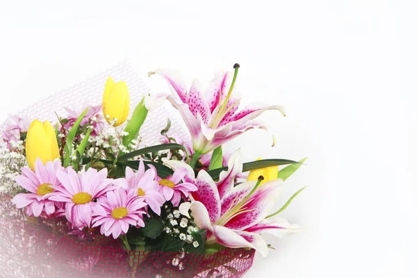 Bouquet Pink Chrysanthemum Flowers Yellow Tulips — Stock Photo, Image