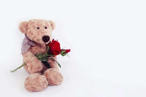 Miękka Zabawka Pluszowy Niedźwiedź Brązowy Czerwony Róża Kwiat — Zdjęcie stockowe