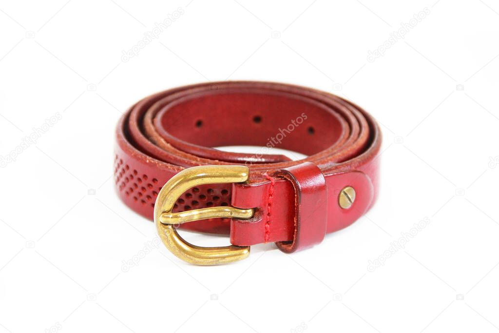 women's leather old Burgundy belt with buckle on white a background