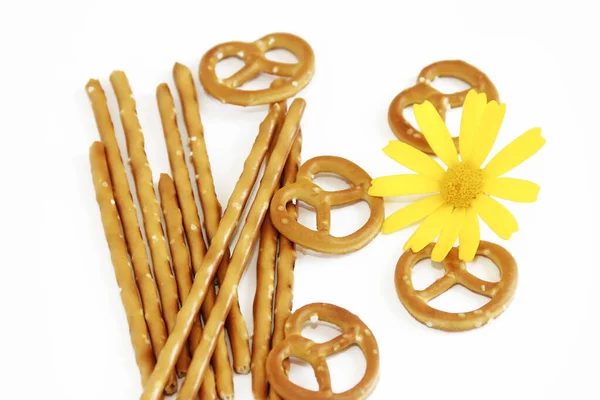 Edible Dry Snack Bagels Sprinkles Salt Yellow Chamomile — Stock Photo, Image