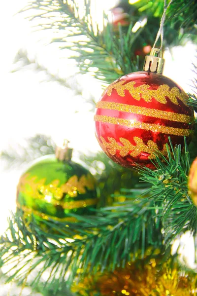 Christmas Toys Colorful Balls Green Branches Tree — Stock Photo, Image