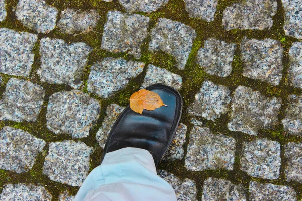 Gelbes Blatt auf einem schwarzen Stiefel. Männlicher Fuß auf Pflastersteinen. — Stockfoto