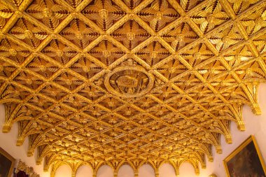 Bojnice, Slovakya - 04 Ekim 2014: Romantik Ortaçağ Şatosu. Altın Salondaki Melek Tavanı