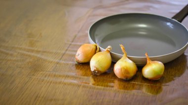 Yemek pişirmek. Soğan ve domatesler kızartma tavasının etrafında dans ediyor, kızarmaya hazır..