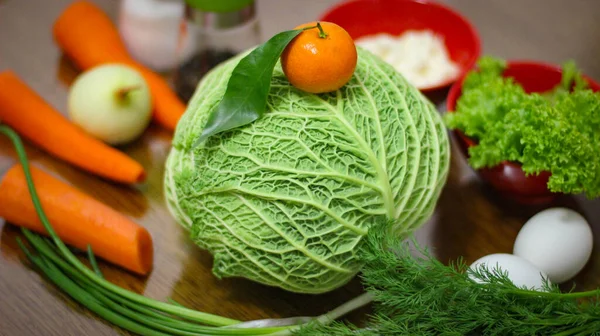 Zutaten Für Einen Köstlichen Salat Kohl Karotten Salatblätter Petersiliengemüse Zwiebeln — Stockfoto