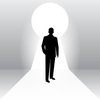 Parlak ışık ile anahtar deliği içine yürüyen adam.