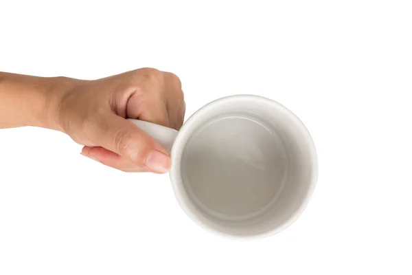 Mani della signora Holding Cup isolato su sfondo bianco . — Foto Stock