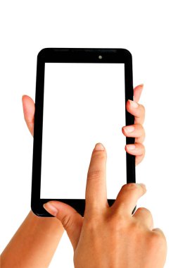 Bir Tablet beyaz ekran ile mobil tutan el.