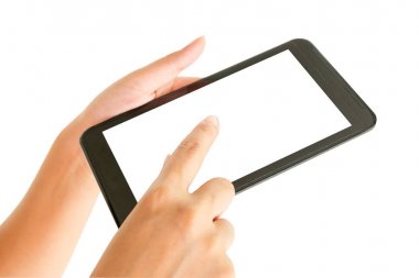 Bir Tablet beyaz ekran ile mobil tutan el.