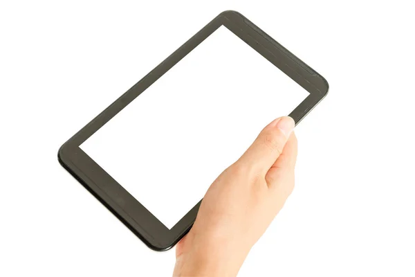 Ręka trzyma mobilnych z biały ekran tabletu. — Zdjęcie stockowe