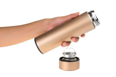 Çelik Metal - Alüminyum şişe su beyaz zemin izole, metal termos beyaz zemin üzerinde izole.