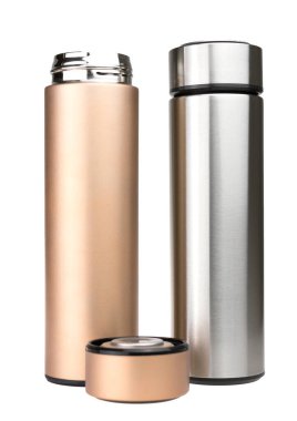 Çelik Metal - Alüminyum şişe su beyaz zemin izole, metal termos beyaz zemin üzerinde izole.