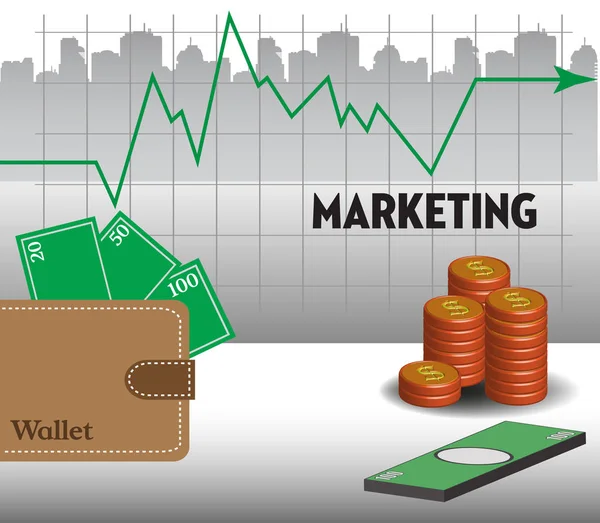 Tema de marketing con pila de monedas y billetera — Vector de stock