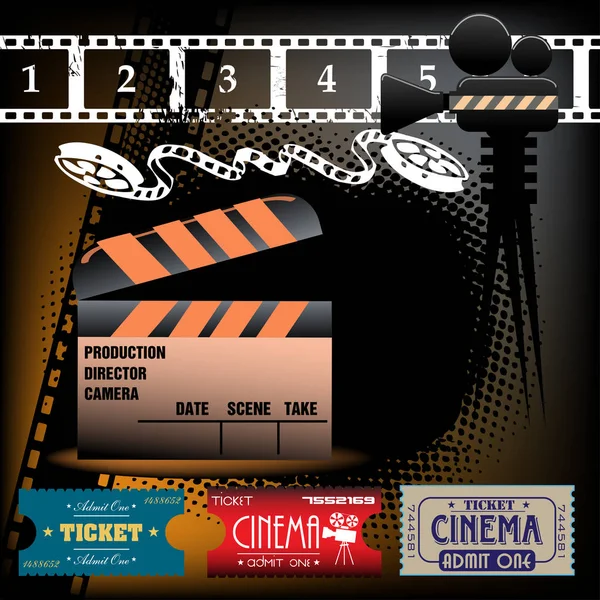 Tema de cine con clapboard y entradas para cine — Vector de stock
