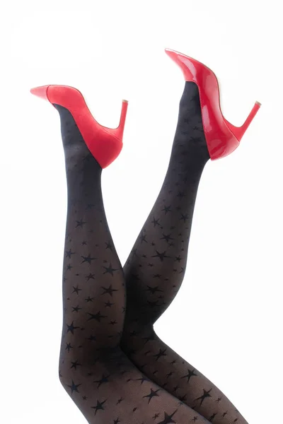Ноги Покрашенных Колготках Красных Туфлях — стоковое фото