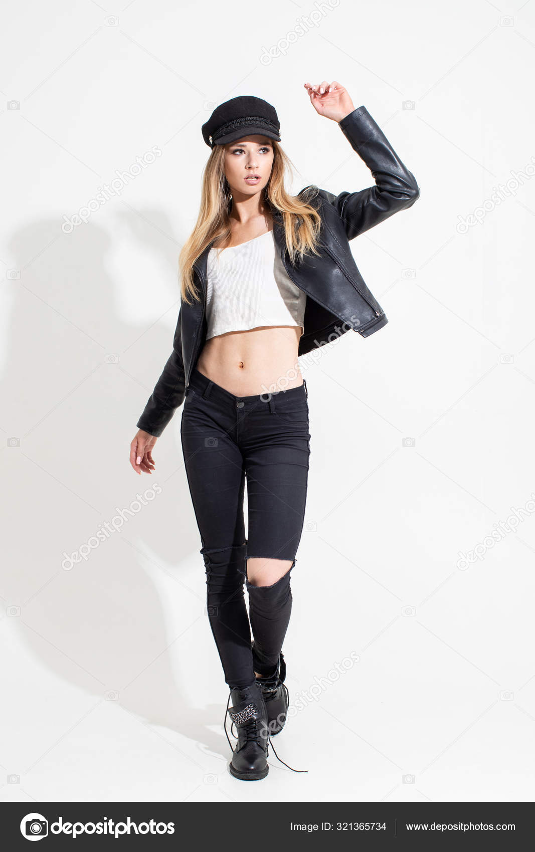 Girl Leather Jacket Black Pants Posing White Background Fashion ...