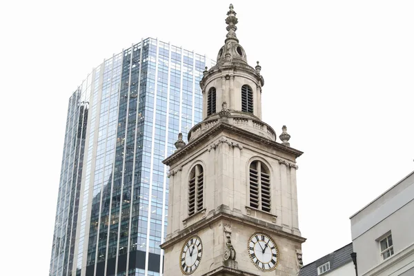 Londýn Anglie Listopadu 2019 Věž Staré Budovy Hodinami Pozadí Mrakodrapů — Stock fotografie
