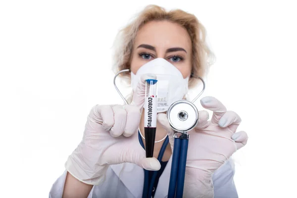 Médica Segura Fonendoscópio Mão Para Ouvir Pulmões Tubo Teste Com — Fotografia de Stock