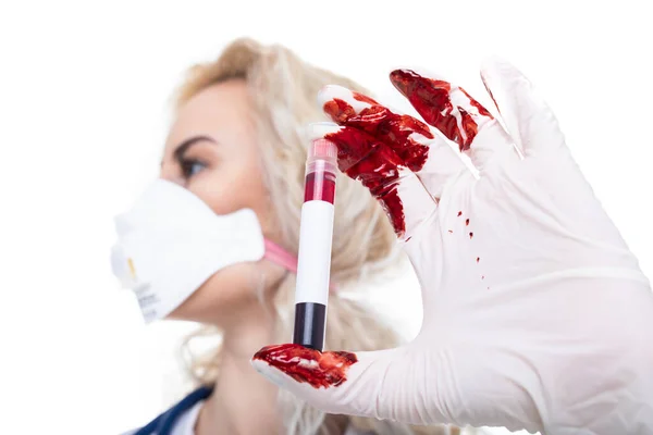 Girl Doctor Holds Test Tube Blood Spilled Glove Epidemic Coronavirus Stock Picture