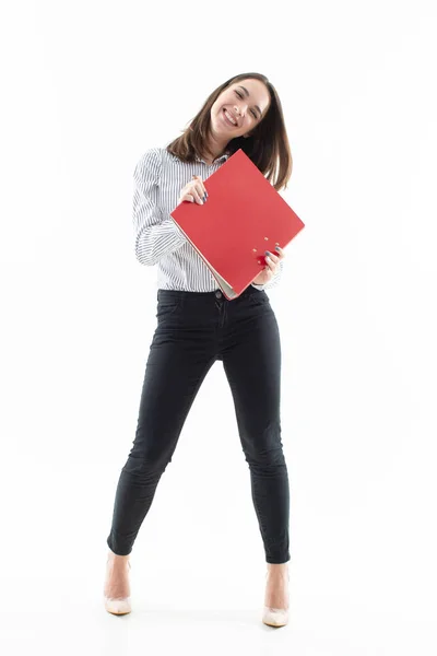 Girl in office dress code with a red folder on a white background