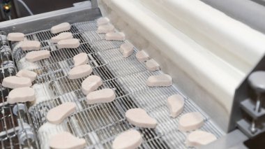 Yarı bitmiş et ürünleri üretimi için sıra. Etten yiyecek üretimi için fabrika