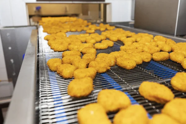 Tavuk nugget üretim hattı. Etten yiyecek üretimi için fabrika