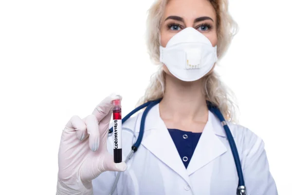 Girl Doctor Holds Test Tube Blood Which Coronavirus Found — Stock Photo, Image