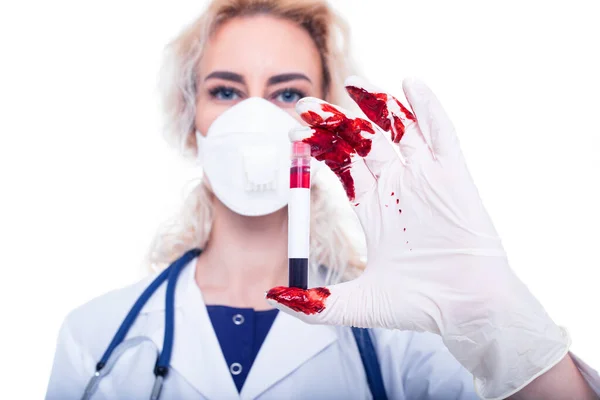 Doctor Bloodied Gloves Holds Test Tube Blood Stock Photo