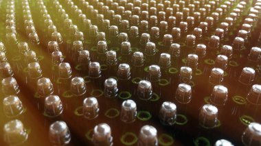 Şampanya şişelerinin üst manzarası tıkaçla kapatılmış. Ayarlanmış